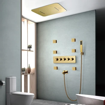 Ti-PVD Zlatá LED Sprcha Systém Kúpeľňa Kohútikov Daždi Nastavenie Hudby ShowerHead Termostatické Mosadz Skryté Mixér Náustok
