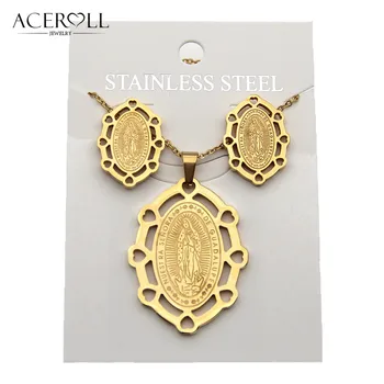 ACEROLL Nehrdzavejúcej Ocele Katolíckej Šperky Set S Oválne Srdce Medaila Panny Márie A Márie Z Guadalupe Pre Kresťanský