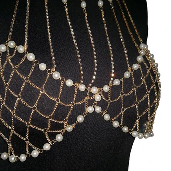 2018 Prehnané, perlové retiazky Golier náhrdelník ženy trendy pearl choker náhrdelník Sexy Podprsenka telo šperky, zlato ramenný reťazca