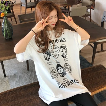 Kórejský Štýl Ženy\ \ 's Okrúhlym Výstrihom T-Shirts Cartoon Hlavu Portréty Tlač Krátke Sleeve T-Shirt S Otvorom Nové