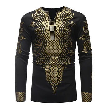 Africké Dashiki Tlače V Krku T Shirt Mužov 2020 Značky Slim Fit Dlhý Rukáv Afriky Oblečenie Mužov Hip Hop Streetwear Tee Tričko Homme