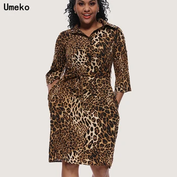 Umeko Sexy Leopard Šaty Jar Bežné Polovičný Rukáv podkolienok Šaty Elegantné Office Dámy Tlač Vestidos Plus Veľkosť Bodky Šaty