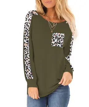 Dámske Long Sleeve T-shirt Voľné Kolo Krku Tlače LeopardPocket Pulóver Jeseň Ženy je Ležérny Top