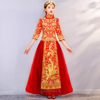 čínsky štýl, nevesta svadobné Výšivky cheongsam Červená Tradičnou Show ženatý suitsformal šaty žena Overseas Chinese Qipao
