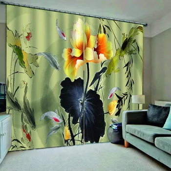3D Dekoratívny Záves Dverí Záves Zobrazujúce Lotus Leaf Golden Lotus Rýb Pre Obývacej izby, spálne, Digitálna tlač Závesy