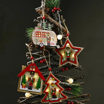 1pcs 3D Vianočné Ozdoby Vianočný Strom Drevené Orech Vojak Visí Prívesky s LED Noc Domov Domov Strán Nový Rok Dekorácie