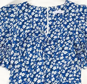 Split temperament tvaru letná tenká modrá kvetinový krátkym rukávom šaty