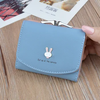 2020 nové peňaženky, dámske krátke mäkké kožené klip módne trojnásobne kórejský študenta peňaženky malý králik Peňaženky