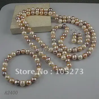Ohromujúci!šperky set AA 9-10 mm biele, ružové a fialové Pravých sladkovodných perlový náhrdelník náramok náušnice Hot predaj, doprava zdarma A2400