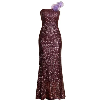 Bling fialová bodycon maxi dlhý sequin šaty vysokej módy dráhy oblečenie žien party šaty flower appliques rameno šaty