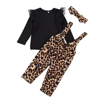 Batoľa Detská Dievča Oblečenie Prehrabať Čipky Dlhý Rukáv Topy+Leopard Podväzkové Nohavice+hlavový most 3ks Jeseň Oblečenie Set