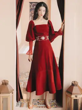 Staroveké spôsoby strana led svietidlo rukáv velvet vyšívané červené šaty na party šaty šaty nosiť pri bežnej krát