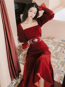 Staroveké spôsoby strana led svietidlo rukáv velvet vyšívané červené šaty na party šaty šaty nosiť pri bežnej krát