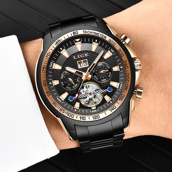 LIGE hodinky mechanické automatický chronograf nerezová oceľ Ciferník Hodiniek Duté Nepremokavé 2020 Nové pánske módne hodinky luxusné