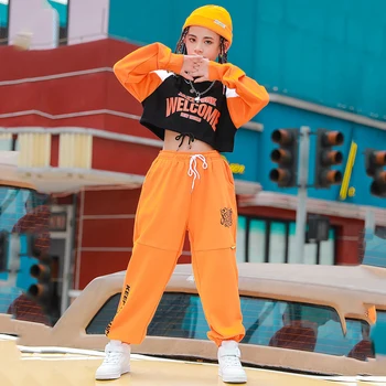 2020 Dievčatá Hip Hop Tanečné Oblečenie Pre Deti Orange Hiphip Vyhovovali Jazz Street Dance Kostýmy Výkon Tanec Rave Oblečenie DQS5945