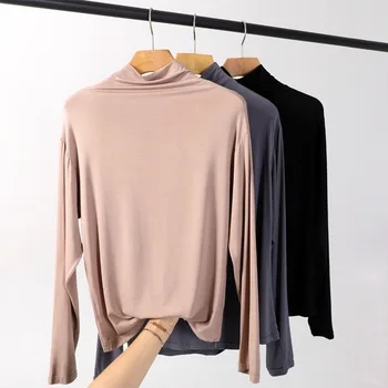 2019 Nové Zimné Jeseň Spodnej T Shirt Ženy Bežné Pevné Modálne Turtleneck Ženy T-Shirt Long Sleeve Pohodlné Tee Topy Žena