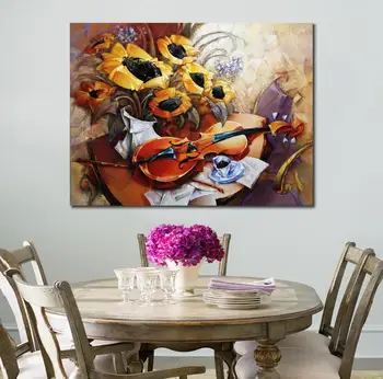 Ručné olejomaľba abstraktné gitaru a slnečnice farby modernej súčasnej kresby zátišia, kvety pre jedáleň, izba dekor