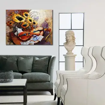Ručné olejomaľba abstraktné gitaru a slnečnice farby modernej súčasnej kresby zátišia, kvety pre jedáleň, izba dekor
