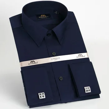 Vysoká Kvalita pánsku Košeľu Značky Nové Módne Pravidelné Nosenie Business Košele s Dlhým Rukávom s Cufflink Solid Farba Námornícka Modrá