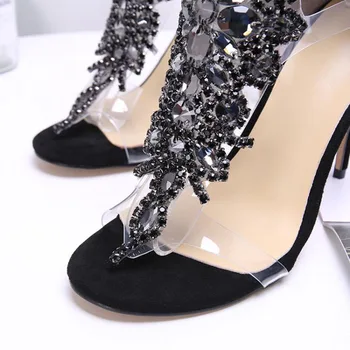 2019 Najnovšie Drahokamu Sandále Ženy Flip Flops Kryštál Diamantu Dekor T-pásik Tenký Päty Topánky Ženu Sexy Party Topánky