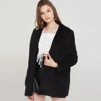 JuneLove 2019 jeseň ženy menčestrové sako hrubé Retro Dvojité Breasted Sako office Kabáty a Obleky Ženy Highstreet vrchné oblečenie