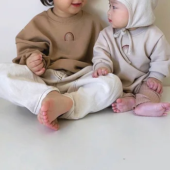 Detské zimné topy kórejský štýl jednoduché dúhový vzor výšivky mužov a ženy, baby, voľné fleece sveter 22D748