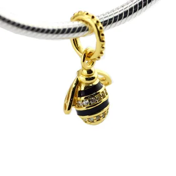Zlatý Lesk Queen Bee Prívesok pre Charms Náramky & Bangles Ženy Rýdzeho Striebra 925 Šperky Čierny Smalt & Jasné, CZ Charms