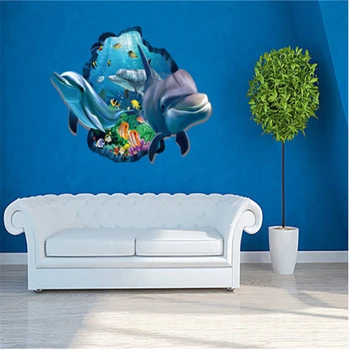 Podvodná Ryby Dolphin 3D Živé Okno Samolepky na Stenu DIY Stenu Kúpeľne, Obývacej Izby, Spálne, Domáce Dekorácie Plagát
