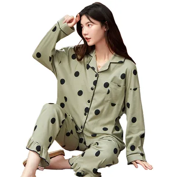 2020 Jeseň Nové Bavlnené Pyžamo Dámske kórejský Klope Polka Dot Vzor Home Service Dvoch-dielny Oblek Nuisette Femme Dormir Topy