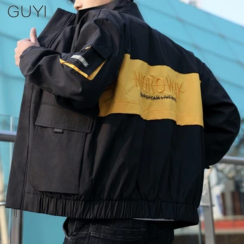 GUYI Patch Cargo Bomber Bundy Mužov s Kapucňou Vrecká Windbreaker Coats Patchwork Coats Módne Bežné Hip Hop Harajuku Jeseň Muž