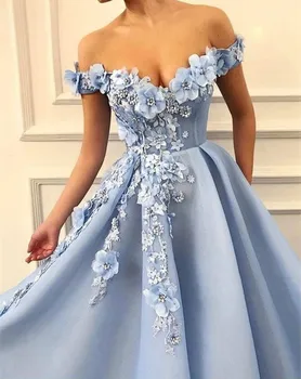 Nové 2019 Prom Šaty ramena Večerné Šaty Kvety Appliques Krásna Princezná šaty Tylu Backless župan de soiree