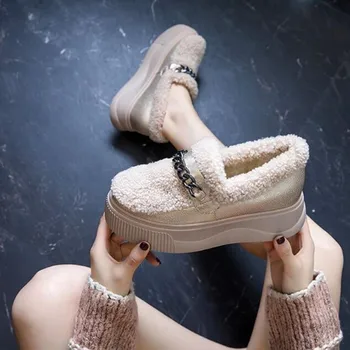 2020 Módne Ženy Zimné Bavlna Topánky Plyšové Teplé Čižmy Dámske Bežné Ploché Krátke Topánky, Jednofarebné Chlpaté Ženy Feetwear