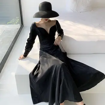 Lauri Laki Black Party Šaty Elegantné Vintage Dlho-line Šaty Plus Veľkosť Klub Dlhý Rukáv V krku Šaty Midi Jar 2021