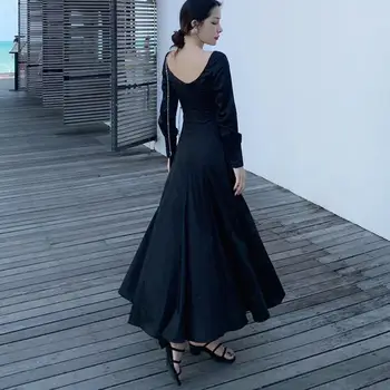 Lauri Laki Black Party Šaty Elegantné Vintage Dlho-line Šaty Plus Veľkosť Klub Dlhý Rukáv V krku Šaty Midi Jar 2021