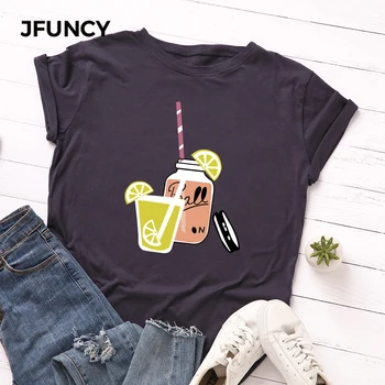 JFUNCY Plus Veľkosť S-5XL Ženy T-shirts Žena Krátke Sleeve Tee Top Lemon Tea Tlač Žena Bežné Tričko 2020 Letné Bavlnené Tričko
