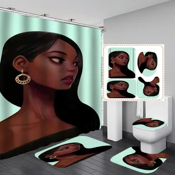 Africká Žena 3d Vytlačené Vaňa Záclony Nepremokavé Polyesterové Tkaniny Umývateľný Kúpeľni Sprchový Záves s 12 Háčiky