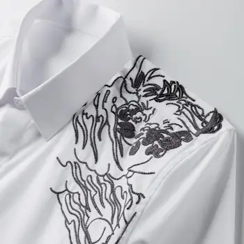 Biela Čierna Bavlna Pánske Tričká Luxusnej Dragon Vyšívané Dlhý Rukáv Ležérne Pánske Šaty Módne Košele Slim Fit Košele Muž