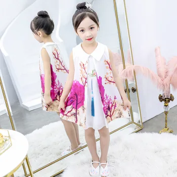 Dievčenské Letné Šaty Atrament Maľovanie Čínsky Štýl Kostým pre Dievča Deti Deti Voile Šaty