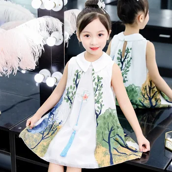 Dievčenské Letné Šaty Atrament Maľovanie Čínsky Štýl Kostým pre Dievča Deti Deti Voile Šaty