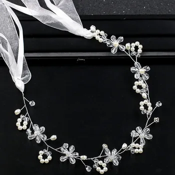 Svadobná Čelenka Pre Nevesty White Pearl Ručné Kvet Headdress Vlasy Príslušenstvo