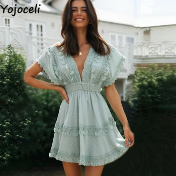 Yojoceli Hlboko v krku čipky krátke ženy šaty na Leto, elegantné mini pláži bežné šaty Denné klub hot predaj šaty vestidos
