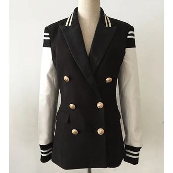 Najnovšie KVALITNÚ Módu 2021 Dizajnér Sako dámske Kožené Patchwork Dvojité Breasted Sako Klasické Varsity Jacket