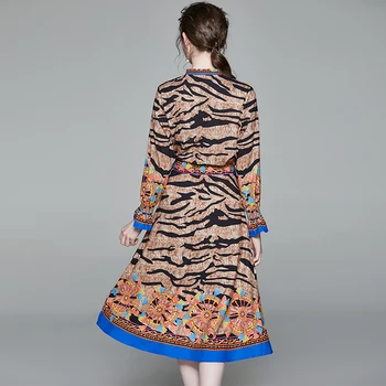 Nové žien motýlik dlhý rukáv prijať pás s trúby šaty leopard tlač šaty [film]