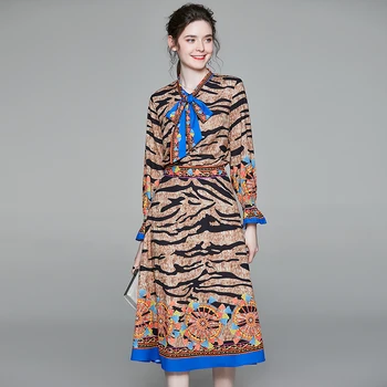 Nové žien motýlik dlhý rukáv prijať pás s trúby šaty leopard tlač šaty [film]