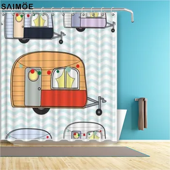 Šťastný a Karavany Kúpeľňa Opony Cartoon Táborníci Auto Nepremokavé Sprchový Záves Polyester Textílie Deti Vaňa Príslušenstvo Sady