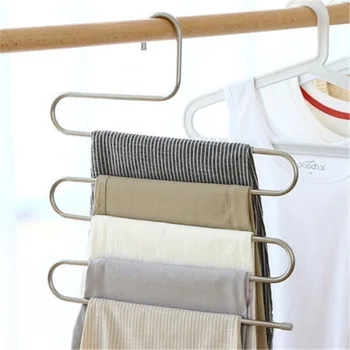 5-vrstva S-tvarované nohavíc vešiak Nohavice stojan na šaty Multi-layer nehrdzavejúcej ocele oblečenie, uterák skladovanie rack Skriňa na úsporu priestoru