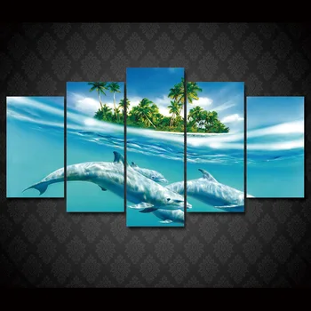 5 Panely Vytlačené Zvieratá Delfíny Maľovanie Izba Dekor Tlače, Plagát, Obraz Na Plátne Domova Vo Vysokej Kvalite Bez Rámu