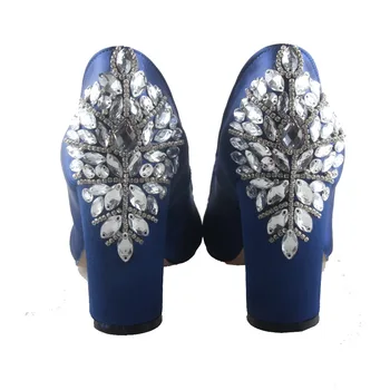 BS879 Zákazku Royal Blue Crystal Afriky Topánky S príslušnými Taška Nastaviť Blok Päty Ženy Čerpadlá, Svadobné Topánky, Svadobné Topánky