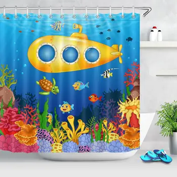 Cartoon Dizajn Zlaté Ponorka Vaňa Opony Tichom Tropické Ryby Podmorský Koralový Svet Nepremokavé Tkaniny Tkaniny, Kúpeľňa So Sprchovým Kútom Záclony