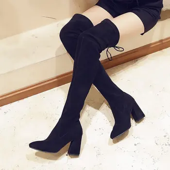 Jeseň zima black stehná vysoké ženy, topánky šnurovacie vysoké podpätky, topánky dámske sexy ukázal prst nad kolená dlhé topánky plus veľkosť